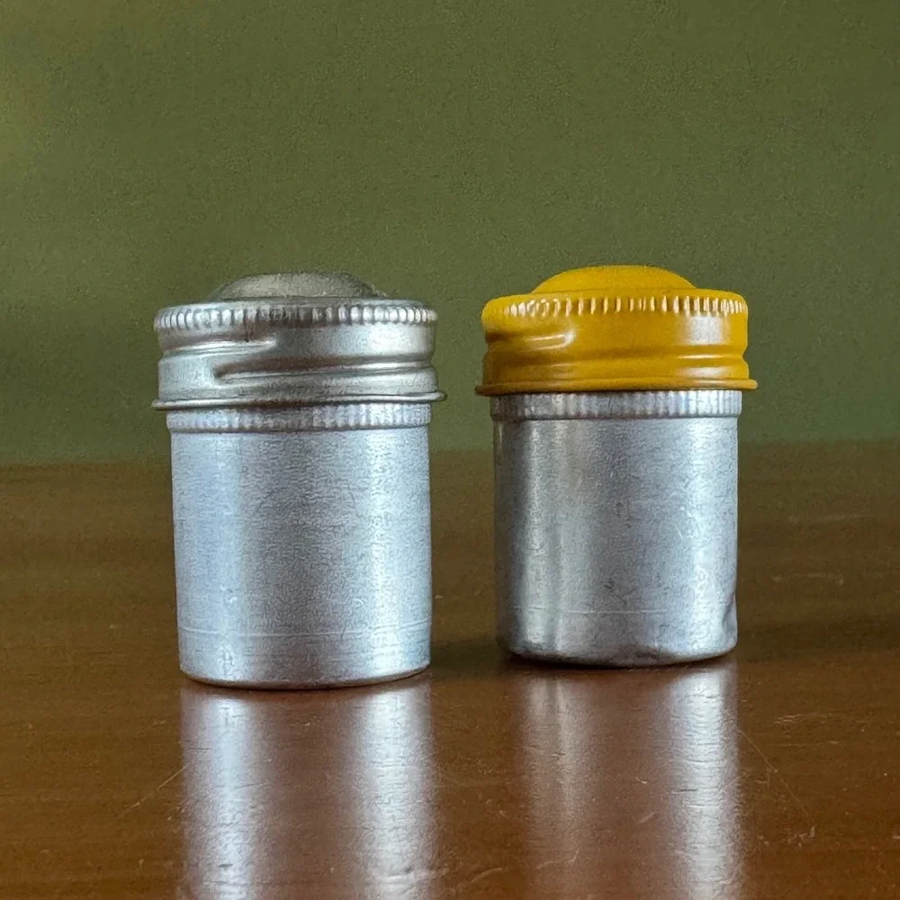 Vintage Aluminum 35mm Film Canisters Set of 2 Silver and Yellow Screw Top Lids